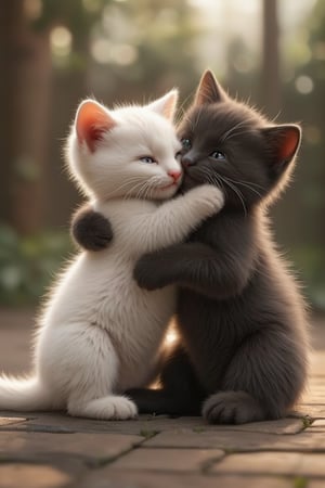 Funny animals, midway style, photorealism, cinematic style, high fidelity, realism, chiaroscuro, light play, light. A little black cat and a little white cat hug each other and play on the ground, showing super love. Q version, official art.