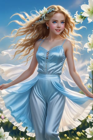 Close-up, full body shot of an 18-year-old girl resembling Nicole Kidman, with striking light blue eyes and long thick eyelashes, messy hair flowing. She wears satin pants and a variety of beautiful little dresses and casual wear in popular styles, dancing joyfully to music. The sky is adorned with braids of lilies, creating a stunning backdrop. High-quality, detailed illustration inspired by Alphonse Mucha, Boris Valejo, and Anne Boonchuy, enhanced with BlackworkStyleManityro and WOWAI, capturing expressive and dynamic elements.