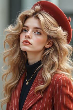 Realistic closeup shot of a stunning, elegant 28-year-old European woman wearing dark red pinstripe tailoring, with long bright golden blonde hair and bright blue-gray eyes. She performs the professional pose of a sexy female model with her head raised, double exposure, influenced by the complex art of Alex Stoddard, Natalia Drepina, and Brooke Shaden. Surrealism on cracked paper, extremely dynamic, unusual, retro. 128K illustration, highly detailed, high budget, bokeh, wide cinema, moody, epic, gorgeous, film grain, grainy, high-quality photography, 3-point cinematic glory lighting, soft focus flash, Canon EOS R3, HDR, smooth, sharp, high-resolution, award-winning action photos, jump photos, 50mm, wide-angle shot, away from camera, full body, f2.8, bokeh, side view.