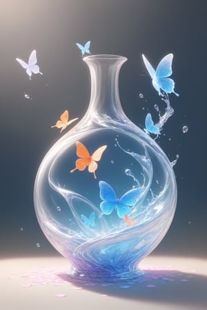 {Elegant crystal glass magnum with beautiful curves filled with marbled light orange and white and blue liquid (clear) forming the shape of a butterfly. Butterflies and textures. Smooth insect silhouettes with undulating dynamic movement. Pastel petals float around the vase. }