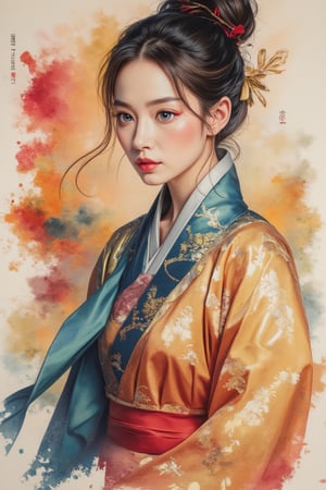 A beautiful European beauty, tall, sexy, and well-proportioned, wears ancient Han Dynasty-style clothes and has a popular hairstyle in the ancient Han Dynasty. She exudes a sense of fashionable aristocracy and customs, casual and elegant. The artwork is meticulously and realistically depicted in watercolor and gouache, displaying lifelike quality and masterpiece status. 128K resolution captures colorful light wavelengths, mesmerizing reflections, and the delicate gouache sketch in the center. Ancient art styles highlight beauty and sophistication.