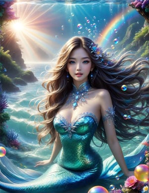 s1 girl, ((masterpiece)) symphony, beautiful female mermaid enjoying music, blowing rainbow bubbles in the underwater sea, ((vivid description of sound waves)),, waves forming musical notes, colorful sea creatures, water bubbles, symphony , sweet expression, the mermaid's face is like a Korean supermodel, the eyes are: blue, long and dense eyelashes, beautiful blue long wavy three-dimensional long hair, the There is a girl who is very beautiful, even better than a Korean supermodel. She is 170 centimeters tall and weighs 60 kilograms. Her blue eyes are big and bright, and her eyelashes are long and dense. She is wearing a mecha and is very handsome. She stood at the front of all the mecha warriors. Because she is the captain.
Because there is going to be a war, she is boosting everyone's morale. At this time, there was a big rainbow in the sky. Everyone cheered and thought it was a good omen, and the girl was also very happy. Light and shadow, masterpiece, highest quality. Outdoor: mountains, trees, rivers, grass, flowers. Depth of field.
