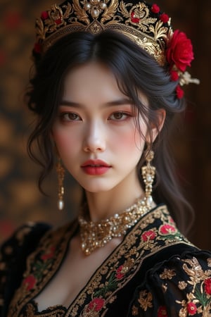 Elegant and stunningly beautiful Uyghur girls, mostly Chinese and Russian mixed-race, with three-dimensional facial features. They wear David Uygur headdresses, Uyghur makeup, and charming black velvet bases with intricate gold embroidery and pearl embellishments. Exquisite lace trim, Byzantine makeup, pale skin, dark lips, colorful embroidered dresses with ruffled puff sleeves. Charming background with Russian folk art patterns. Studio lighting, high-definition fashion photography style, by FluxGothicRealnime, adrr-zllj, lyh, goth girls, ohwx style.