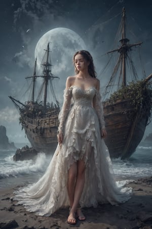 ((Masterpiece)), a beautiful woman wearing a wedding dress, standing in front of an ancient pirate ghost ship, looking at a super close-up portrait, an ancient and large pirate ghost ship, abandoned and stranded at night in a deserted and crazy place In the waters of a wild beach, the big moon illuminates and reflects in the sea, the surrounding rocks and trees, seagulls and birds flying, the boat is worn by time and covered with vegetation, the atmosphere of fantasy, mystery and dreams, dramatic lighting, perfect Image frame, movie poster style, oil painting, vintage photo style, Van Gogh style, Caravaggio, Greg Rutkosky style
There is an ominous atmosphere, light and shadow. whole body.,mermaid-line wedding dress