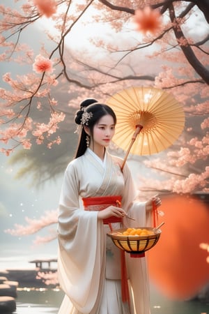 Close-up of a stunningly beautiful girl, Chinese Han Dynasty girl, with big eyes and long eyelashes that make her eyes more lively and beautiful, wearing Han Dynasty clothes and hairstyle, with stunning black hair and long Thick eyelashes, holding a delicate bouquet of jasmine flowers on her fingers. When she looked directly at the audience, she smiled. Her whole body exuded an otherworldly light, and every contour and object on her body seemed to be illuminated by light and sparkle. She couldn't help but play the musical instrument ((flute)) on the spot, which was very elegant and soft. After dancing, she took the paper umbrella and prepared to go back. In the quiet atmosphere of the summer night, the trees were tall, the river flowed quietly, and nocturnal creatures used it. Serenading them with gentle chirps and croaks, our protagonist is like a beacon of loveliness. In Vadimka's new style, every detail has been carefully crafted to create a realistic style that exudes elegance and wonder. (Masterpiece 1.2, 8K) Depth of field.,source_furry,score_5_up,score_6_up,score_7_up,score_8_up,score_9,han fu