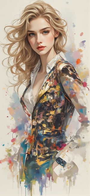 A beautiful European beauty with a tall, sexy, and well-proportioned figure, dressed in fashionable clothes with a stylish, aristocratic feel that is both casual and elegant. The artwork features a detailed, realistic depiction in watercolor and gouache, showcasing a lifelike quality and masterpiece status. The 128K resolution captures colored light wavelengths, attractive reflections, and a fine gouache sketch in the center. The modern art style highlights the beauty's allure and sophistication.