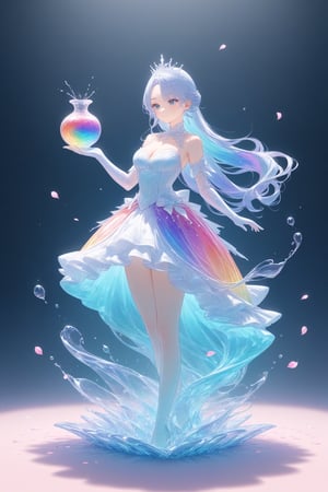 Elegant crystal clear crystal glass of a handsome prince with graceful curves, filled with marbled rainbow color liquid (transparent), forming the shape of a beautiful princess. Princesses and textures. Smooth object contours and undulating dynamic motion. Pastel petals float around the vase. }