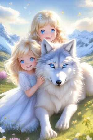 A little girl with blond hair and very fair skin. She is only 4 years old, but she grew up with a snow wolf with white fur and blue eyes. The snow wolf loves the little girl very much. He can put her to sleep and carry her on the grassland. The little girl always smiles happily. The little girl is extremely beautiful, with blue eyes, very lively, and long and thick eyelashes. To make her even more beautiful, she would often roll around on the grass with the snow wolf. The little girl wears all kinds of cute clothes. Outdoors, sunshine, mountains, trees, flowers, birds, butterflies. light and shadow.
