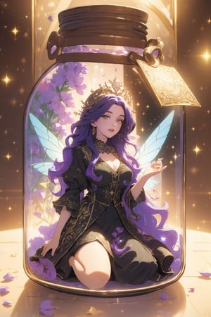 (Masterpiece, best quality, high resolution: 1.6), (Beautiful big green bright eyes, long thick eyelashes, black and purple fusion silky long curly hair, hair between the eyes, 1girl, perfect proportions figure)
Black bottom, whole body, kneeling, white skirt, long skirt, inner bottle, glass, flowers, trapped, jar, fairy, wings, light and shadow, beautiful space visual design. Beautiful rainbow glitter in all the space in the background. Extremely beautiful.