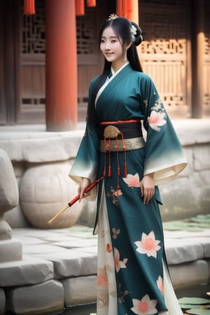 Close-up of a stunningly beautiful girl, Chinese Han Dynasty girl, with big eyes and long eyelashes that make her eyes more lively and beautiful, wearing Han Dynasty clothes and hairstyle, with stunning black hair and long She has thick eyelashes and holds a delicate bouquet of lotus flowers on her fingers. When she looked directly at the audience, she smiled. Her whole body exuded an otherworldly light, and every contour and object on her body seemed to be illuminated by light and sparkle. She couldn't help but dance a dance taught by her grandma at home in ancient times. It was very elegant and soft. After dancing, she took the paper umbrella and prepared to go back. In the quiet atmosphere of the summer night, the trees were tall and the river flowed quietly. Nocturnal creatures serenade them with their gentle chirps and croaks, and our protagonist acts like a lovely beacon. In Vadimka's new style, every detail has been carefully crafted to create a realistic style that exudes elegance and wonder. (Masterpiece 1.2, 8K) Depth of field.,source_furry,score_5_up,score_6_up,score_7_up,score_8_up,score_9,han fu