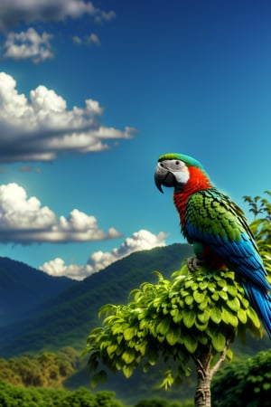 A serene background featuring a parrot soaring freely against a vibrant blue sky. The parrot's exquisite feathers glisten beautifully under the sunlight, creating a stunning backlight effect. The scene captures a cinematic, realistic photography style with a focus on depth of field, highlighting the interplay of light and shadow, resulting in a masterpiece.