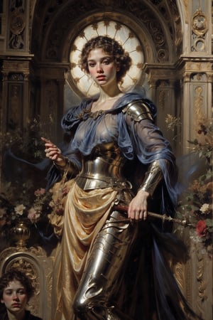 The beautiful girl with perfect golden proportion facial features, beautiful and smart blue eyes, long and thick eyelashes, looking at the camera affectionately, people call her {{{Joan of Arc}}}, perfect body ratio of 1:8, athlete General figure, medieval art, medieval armor and equipment. Wearing golden armor, she is French and carries a medieval sword. She is fighting for the people of France against the British invading army. Her beautiful short golden wavy natural curly hair is still visible under the helmet. Her perseverance and Fighting for the people and their faith in God, war is painful. She waved the French flag in one hand and held a sword in the other, leading the people to fight for freedom. This is a sectarian holy war. The whole scene was chaotic, with numerous casualties. Under the natural light, she is beautiful and majestic. Even the people in front of the camera were so attracted that they couldn't look away. Shocking and amazing. Clothes: Elements and objects appearing between 1413 and 1431 BC are consistent with this painting. Miracle. Bible Stories. Expressed with Da Vinci artistic design. The epic legend lives on to this day.