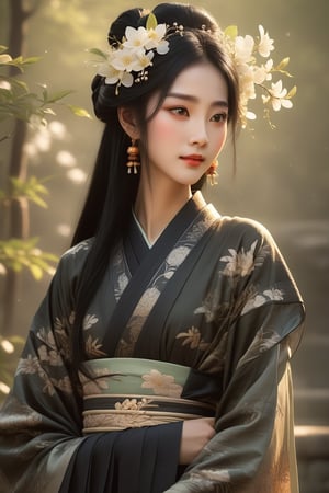 Close-up of a stunningly beautiful girl, Chinese Han Dynasty girl, with big eyes and long eyelashes that make her eyes more lively and beautiful, wearing Han Dynasty clothes and hairstyle, with stunning black hair and long Thick eyelashes, holding a delicate bouquet of jasmine flowers on her fingers. When she looked directly at the audience, she smiled. Her whole body exuded an otherworldly light, and every contour and object on her body seemed to be illuminated by light and sparkle. She couldn't help but dance a dance on the spot, which was very elegant and soft. After the dance, she took the paper umbrella and prepared to go back. In the quiet atmosphere of the summer night, the trees were tall, the rivers flowed quietly, and the nocturnal creatures sang and sang with their gentle calls. As croaks serenade them, our protagonist acts like a beacon of loveliness. In Vadimka's new style, every detail has been carefully crafted to create a realistic style that exudes elegance and wonder. (Masterpiece 1.2, 8K) Depth of field.,source_furry,score_5_up,score_6_up,score_7_up,score_8_up,score_9,han fu