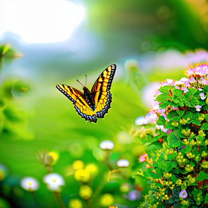 A serene garden scene with a butterfly delicately landing on a blooming shrub. The shrub is vibrant with colorful flowers, and the butterfly's wings are intricately patterned. The lighting is soft and natural, highlighting the textures and colors. The composition is balanced, with the butterfly in focus and the surrounding garden blurred slightly for depth.