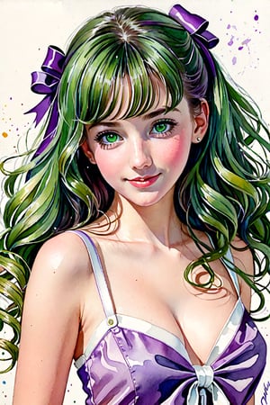 (Author Conrad Rosset), (1949s, 17-year-old girl, cute smile, green eyes, long curly hair, p(Author Conrad Rosset), (1949s, 17-year-old girl, cute smile, green eyes, long curly hair, purple hair, white ribbon, wink), mixed color watercolor, painting, (deliberately beautiful), Full body, carrying a small handbag.urple hair, white ribbon, wink), mixed color watercolor, drawing, (deliberately beautiful),