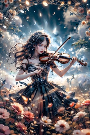 (Best Quality, 8k, Masterpiece}, High Resolution, Soft Focus, 1 girl, smiling happily with open mouth, the young girl has facial features more beautiful than a female supermodel, wearing a sparkling headdress made of flowers and Beautiful long wavy golden hair as soft as silk, a beautiful and agile face that looks more three-dimensional because of light and shadow, eyes that seem to be smiling vividly, big bright green eyes, and long and thick eyelashes that make the eyes look more beautiful. For agility, extreme beauty, super close-up, {{{{Playing the violin is very professional}}}}, professional playing the violin, solo, beautiful and pure dress, swaying posture with playing the violin, midnight black fantasy wonderland, butterfly, Glowing fireflies, thick midnight fog, bright colors, rainbow colors, super high quality, perfect composition, various flowers flying in the wind, masterpiece.
