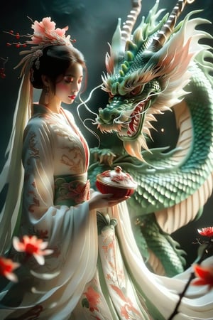 The picture is tranquil. A beautiful woman in traditional light red and white clothing stands elegantly next to a majestic red dragon and looks directly at it. The woman wears a gorgeous headdress and holds an exquisite object in her hand. The dragon envelops her with its intricate scales and fierce yet calm expression, creating a protective, harmonious bond between them. The background is dark, with subtle lighting highlighting the dragon and woman, and floating red flowers adding to the ethereal atmosphere.