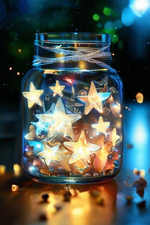 Simple background with a small glass jar. Filled with many three-dimensional stars, the stars are made of crystal material, LED and fluorescent lights are completely combined into iridescence, the fused glowing stars, extreme details, sharp focus on the texture of the crystal and the shape of the stars, detailmaximizer, reality, light Painting, the pinnacle of work.