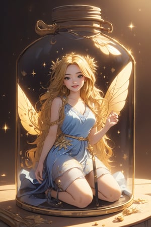 (Masterpiece, best quality, high resolution: 1.6), (big blue and bright beautiful eyes, long and dense eyelashes, long wavy golden silky hair, hair between the eyes, 1girl, perfectly proportioned body) Open your mouth and smile.Black background, full body, kneeling, white dress, long skirt, inner bottle, glass, flowers, trapped, jar, fairy, wings, light and shadow, beautiful space visual design.