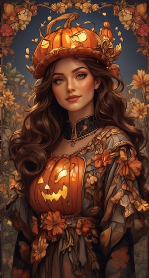 Western customs: October 31st is Halloween every year. On this day, the Holy Spirit will come down and some evil spirits will escape. Today, a beautiful and charming European woman is going to attend a friend's party. She also follows the custom of wearing charming and sexy clothes. This popular pumpkin costume looks particularly beautiful and charming. A beautiful and charming woman, she has beautiful long curly hair and bright and beautiful eyes with long eyelashes. "The woman wears various styles of pumpkin costumes in colorful colors and various Halloween masks." "Super beautiful and charming". Pumpkin lanterns emit light of various colors. "The colorful pumpkin lanterns make the woman's face more beautiful and charming", she smiles and feels happy. Anime style, various colors The combination of water, oil, pastel ink and exquisite hand-drawn sketches is like a real photo, light and shadow, this is a good photo.,Glass