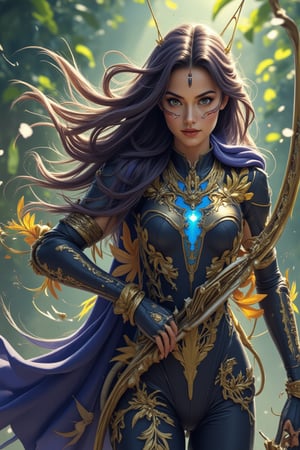 An animated masterpiece featuring a bio-mechanical huntress with beautiful and silky purple-black flowing hair and golden tips, adorned with a tribal mark on her upper right forehead: a little blue glowing lightning bolt. She wears full armor decorated with golden leaves and vines, seamlessly integrated with her skin, and enhanced visual sensors. Holding a high-tech bow, she moves agilely through the forest, like a cheetah's speed, full of strong impact and fusion. The tense and abstract background feels like an overgrown jungle intertwined with futuristic technology, capturing the essence of a dynamic and captivating scene.