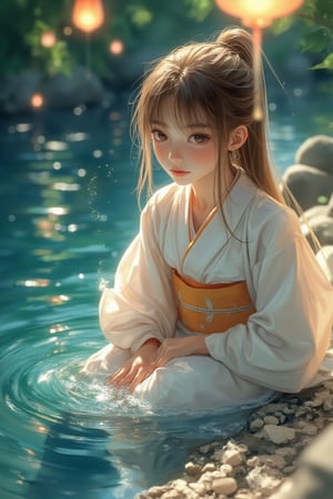 Medium shot of a young girl in a traditional kimono, kneeling on the bank of a peaceful river. Her large, bright blue eyes and silky brown hair catch soft sunlight, illuminating her pensive face as she gently releases Toro water. Centered composition with the river and vibrant lanterns radiating outward. Watercolor strokes in soft blue and green tones create a peaceful atmosphere. Warm lights and floating lanterns add a soft glow to the tranquil scene.