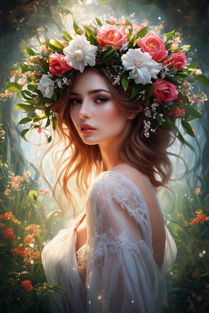 masterpiece,uhd,8k,ultradetailed,intricate,painting of a woman with a wreath of flowers and leaves in her hair (small size),karol bak uhd,beautiful fantasy art portrait,beautiful art uhd 4k,beautiful digital artwork,beautiful Gorgeous digital art, beautiful fantasy portraits, beautiful digital art, beautiful digital paintings, fantasy portrait art, fantasy art portraits, beautiful digital illustrations, beautiful character paintings, gorgeous digital art, more and better quality, light and shadow