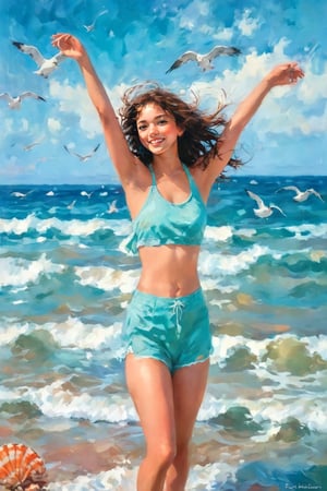 Painting depicting athletic female teenager, dynamic pose, joy, seagulls, crabs, seashells, strong ocean waves, blue sky, style of Paul Hedley, happy celebration of nature, Mark Large, Jessica DeRosen, vintage Aesthetics, Automatism, MediumTurquois, SkvBlue and Color Palettes.