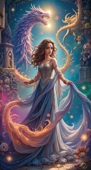 Create an image of a beautiful attractive young European woman with long curly hair standing in front of an open book. She seems to be traveling between worlds, and scenes from different fantasy worlds emerge from the pages. Her eyes are wide and full of wonder, and her flowing costume gives a sense of movement. The background shifts between vibrant colors, magical creatures, the colorful glow of magic and ancient cities, blending together seamlessly, as if the world in the book is coming to life around her. Beautiful magical fantasy art.