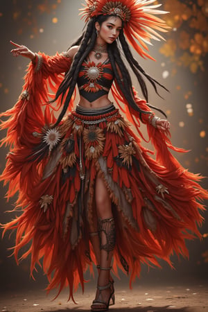 A high-resolution, 128K masterpiece featuring an ultra-detailed Aboriginal girl with extremely white skin, wearing a red and black harness, long braids of feathers, and high heels. Her arms are adorned with accessories, and her beautiful detailed eyes and lips complement her national costume with traditional patterns. She gracefully dances a traditional dance, showcasing her charming gestures and subtle smile. The bright colors and bokeh lighting create a captivating portrait, highlighting her cultural heritage and elegance.