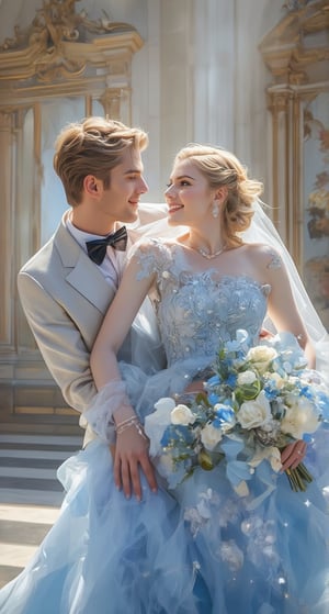 An emotional French aristocratic bride and groom exchanged glances at their wedding. The groom and the princess are carrying the bride on her back, and the bride's light blue lace wedding dress flows naturally like a waterfall, which is extremely beautiful. The girl is wearing a beautiful light blue wedding dress, a light blue veil and makeup. The makeup is exquisite, including jewelry, necklaces, earrings, and the bridal bouquet. She has golden silky curls, bright green eyes, long eyelashes and a confident smile. The groom wears a bow tie, has smooth blond hair, bright blue eyes and a strong expression. The scene captures their entire bodies, highlighting their height difference, and the wavelength of light enhances the romantic atmosphere. The background is more romantic in 128k resolution. Create stunning anime-style artwork to celebrate their joyful wedding.,Glass