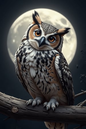 Solo, a digital official art image of a small owl tilting its head to look at the camera. A great photo, with the owl perched on a branch and a large moon in the background. A masterpiece.