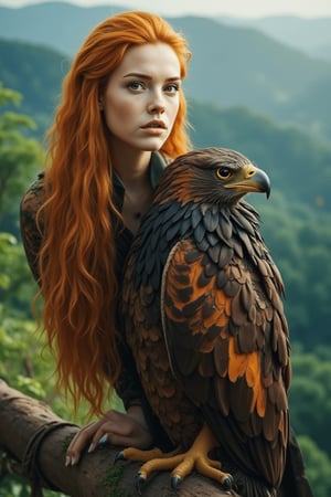 A majestic young woman with vibrant orange-blond locks cascading down her porcelain skin perches on a windswept cliffside, her unblemished features gazing directly at the viewer with an air of vulnerability. A regal eagle's piercing gaze beside her matches the observer's, its feathers rendered in exquisite detail against the lush forest's emerald hues and intricate textures.