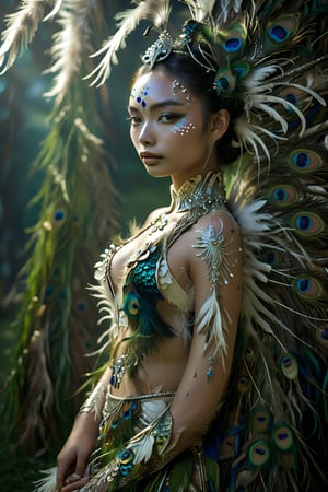 1 Asian girl, perfect and beautiful face, stunning peacock anthropomorphic woman, extremely beautiful skin, very coordinated with the decoration on her body, exquisite peacock style headdress, white feathers with peacock feather patterns, {{ {It is an extremely rare white peacock}}}
She wore a natural and sexy white peacock feathers covering her key parts.
An elegant, form-fitting dress that resembles a peacock's body with a long train of tail feathers.
Beautiful grass background, score_9, score_8_up, score_7_up, enhanced facial details, beautiful star-faced woman, looking at the audience, her charming eyes are hard to take away. Professional photography effects. The background is: bushland, grassland. The light and shadow are beautiful.