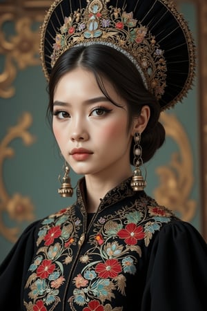 Elegant and stunningly beautiful Uyghur girls, mostly Chinese and Russian mixed-race, with three-dimensional facial features. They wear David Uygur headdresses, Uyghur makeup, and charming black velvet bases with intricate gold embroidery and pearl embellishments. Exquisite lace trim, Byzantine makeup, pale skin, dark lips, rainbow-colored embroidered dresses with ruffled puff sleeves. Charming background with Russian folk art patterns. Studio lighting, high-definition fashion photography style, inspired by FluxGothicRealnime, adrr-zllj, lyh, goth girls, and ohwx style.