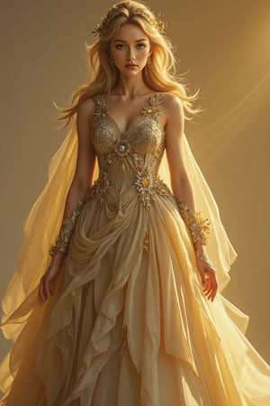 A full-body shot captures a majestic figure standing tall, bathed in soft, warm light that accentuates the subject's porcelain skin. Aqua green eyes sparkle like gems, framed by luscious black eyelashes and carefully applied yellow eyeshadow. The camera's ultra-realistic precision, displaying 125 quality, sharp focus, and crystal-clear clarity render every strand of hair and every fold of fabric in stunning high definition.