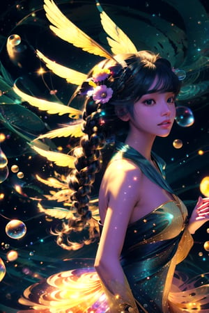 Close-up, 8K surreal fantasy world, a girl who is more beautiful than a Korean supermodel. She is wearing a beautiful alien costume, surrounded by various colorful bubbles, golden light, and braids flying. She is spinning in the air, with her left hand The light wave of the laser flower is emitted, and the light wave of the fire flower is in her right hand. Her beautiful long waves are flying with the whirl, and her clothes are also flying elegantly. The background is a starry black hole, light and shadow, fantasy and aesthetic art, shocking!whole body.