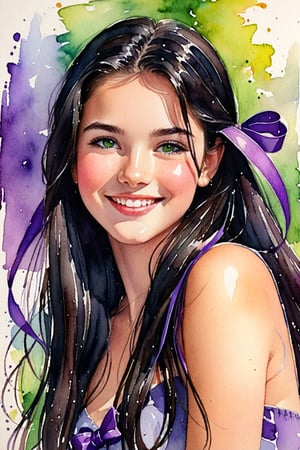 (Author Conrad Rosset), (1949s, 17-year-old girl, cute smile, green eyes, long straight hair, black hair, purple ribbon, wink), mixed color watercolor, drawing, (deliberately beautiful),