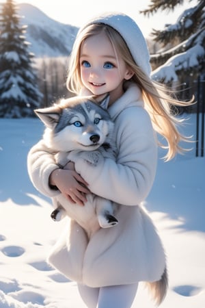 A little girl with blond hair and very fair skin. She is only 4 years old, but she grew up with a snow wolf with white fur and blue eyes. Snow Wolf loves this little girl very much. He can coax her to sleep. The little girl likes to use ballet dance movements to make Snow Wolf happy, because every time Snow Wolf sees her dancing ballet, it means that he is in a happy mood, and Snow Wolf will also be happy after seeing her. He will also carry her to the grassland. The little girl always smiles happily. The little girl is extremely beautiful, with bright blue eyes that are very lively and long and dense. In order to make herself more beautiful, she often rolls on the grass with Snow Wolf. Little girls wear all kinds of cute clothes. Outdoor, sunshine, mountains, trees, flowers, birds, butterflies. light and shadow
