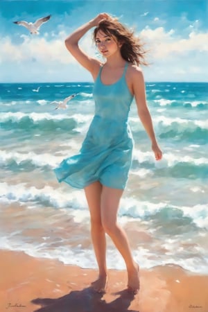 Painting depicting athletic female teenager, dynamic pose, joy, seagulls, crabs, seashells, strong ocean waves, blue sky, style of Paul Hedley, happy celebration of nature, Mark Large, Jessica DeRosen, vintage Aesthetics, Automatism, MediumTurquois, SkvBlue and Color Palettes.