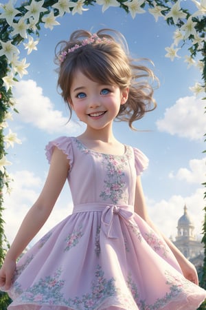 A high-quality, close-up, full-body shot of a young girl with striking light blue eyes and long, thick eyelashes, reminiscent of an 18-year-old Nicole Kidman. Her hair is delightfully messy, adding to her youthful charm. She is dressed in a variety of beautiful little dresses and casual wear, all in popular styles, showcasing her elegance and style.

The scene captures her standing and dancing joyfully to the music, her happiness radiating through her expressive face and graceful movements. Above her, the sky is adorned with intricate braids of lilies, creating a breathtaking, ethereal backdrop that complements her beauty.

The illustration is inspired by the artistic styles of Alphonse Mucha, Boris Valejo, and Anne Boonchuy, blending their unique aesthetics to create a visually stunning and expressive piece. The use of BlackworkStyleManityro, WOWAI, and Expressiveh enhances the detail and impact of the artwork, while Apoloniasxmasbox adds a touch of festive elegance.

This masterpiece combines various artistic influences to create a harmonious and captivating image, highlighting the girl's beauty and the enchanting atmosphere of the scene.