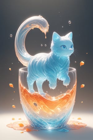 {Elegant crystal glass locomotive with beautiful curves filled with marbled orange and white liquid forming the shape of a cat. Cats have hair and texture. Smooth animal silhouettes with wave-like dynamic movement. Pastel petals float around the vase. }