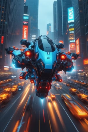 Low-angle shot, dynamic view: Futuristic hoverbikes race through a neon-lit city at breakneck speeds, dodging traffic as they engage in a high-tech pursuit.