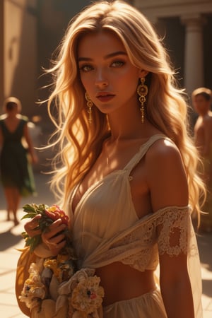 Stunning 8K CG masterpiece captures the essence of the bustling streets of ancient Rome. In the sun, in the light and shadow, a very beautiful woman with fair skin, long flowing hair as soft as silk, wears exquisite, luxurious, and precious clothing, posing in an authentic street stall. Her delicate face, smart eyes, long thick eyelashes, and delicate nose are all displayed in detail. Her earrings, bracelets, gold bracelets, and rings seem to have come out of an art museum. Natural light gives her a beautiful glow, making her look even more beautiful. A delicate hand holds the vendor's goods, and her eyes seem to contain the secrets of this ancient city. Shadows dance precisely across the scene, adding depth and dimension to this ultra-detailed, realistic illustration.