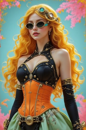 The beautiful acrylic model depicts a very beautiful woman with long wavy yellow hair, dressed as a romantic queen of love, blending the elegance of an empress with steampunk and cybernetic elements. She wears a striking black dress with an orange corset to highlight her waistline, and a light green skirt to add a playful touch. The costume features steampunk accessories - gears, goggles, and metallic details - combined with cybernetic enhancements to give her a futuristic edge. The background uses a light blue gradient color and light pink and light yellow complementary color textures to create a vibrant and dynamic atmosphere, highlighting her domineering power.