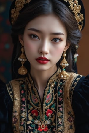 Elegant and stunningly beautiful Uyghur girls, mostly Chinese and Russian mixed-race, with three-dimensional facial features, wearing David Uygur headdress, Uyghur makeup, and a charming black velvet base with intricate gold embroidery and pearl embellishments. Exquisite lace trim, Byzantine makeup, pale skin, dark lips, colorful embroidered dress, ruffled puff sleeves. Charming background with Russian folk art patterns. Studio lighting, high-definition fashion photography style, by FluxGothicRealnime, adrr-zllj, lyh, goth girls, ohwx style.