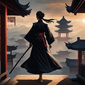 A stunning ancient Han Dynasty woman, dressed in elegant Hanfu, serves as a secret guard for a prince. Her skills include assassination, poisoning, gathering information, and destroying evidence, akin to a modern defense security officer. Under a midnight sky filled with stars and dense clouds, she receives a mission and leaps onto the rooftops of civilian homes, using ancient martial arts and light-footed techniques. She wears a simple black outfit that blends with the dark night, yet a faint light reveals her silhouette. A sword is belted at her waist. She glides across the rooftops, lightly touching the eaves as she advances. The scene is depicted in ink art, with detailed shading and depth to capture the interplay of light and shadow.