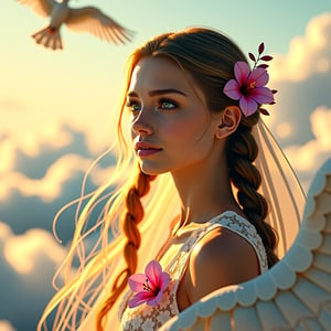 In a wonderful, dreamy and very impossible existence, there is a girl as beautiful as an angel in the sky. She has bright green eyes with long eyelashes. She only fluttered her eyelashes, so some animals stopped, especially in front of the girl. A rainbow peak bird remains still, only the girl wearing a beautiful lace gauze and beautiful golden silky hair is flying in the wind. The picture is as dreamy and beautiful as a magical fairy tale, with flower braids all over the sky and beautiful golden hair. The light is wrapped around the woman, and the work is extremely poor. 8K. RTX.