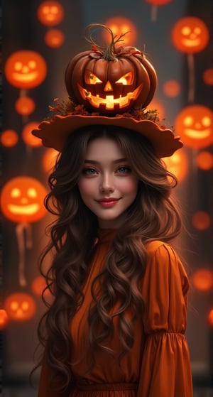 Western customs: October 31st is Halloween every year. On this day, the Holy Spirit will come down and some evil spirits will escape. Today, a beautiful and charming European woman is going to attend a friend's party. She also follows the custom of wearing charming and sexy clothes. This popular pumpkin costume looks particularly beautiful and charming. A beautiful and charming woman, she has beautiful long curly hair and bright and beautiful eyes with long eyelashes. "The woman wears various styles of pumpkin costumes in colorful colors and various Halloween masks." "Super beautiful and charming". Pumpkin lanterns emit light of various colors. "The colorful pumpkin lanterns make the woman's face more beautiful and charming", she smiles and feels happy. Anime style, various colors The combination of water, oil, pastel ink and exquisite hand-drawn sketches is like a real photo, light and shadow, this is a good photo.,Glass