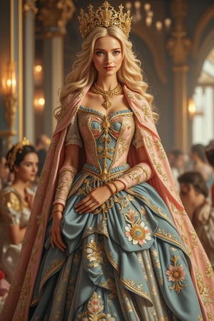 A banquet to which the royal family invites famous nobles is also a banquet for a small company that has just come of age. The little princess is charming, beautiful and kind. She was smiling from head to toe, and had long, wavy, golden hair that was as delicate as silk. It's beautiful and glows brightly. Moreover, the little princess's facial features are three-dimensional and perfectly proportioned. Her eyes are green and smart, and her eyelashes are long, which makes her facial features even more delicate. She wears very luxurious and beautiful banquet-specific clothes with golden royal patterns on them, which is extremely solemn and beautiful. The princess dress with golden royal patterns has many layers, and each layer has waves. The beautiful colors include silver, pink and blue skirts with golden royal patterns, crowns, necklaces, hands, and rings. Her hair ornaments and clothes were all covered with jewels and stones, and her whole body was sparkling. Almost a jewel, but the girl is so beautiful, still very beautiful, a masterpiece, rococo art.